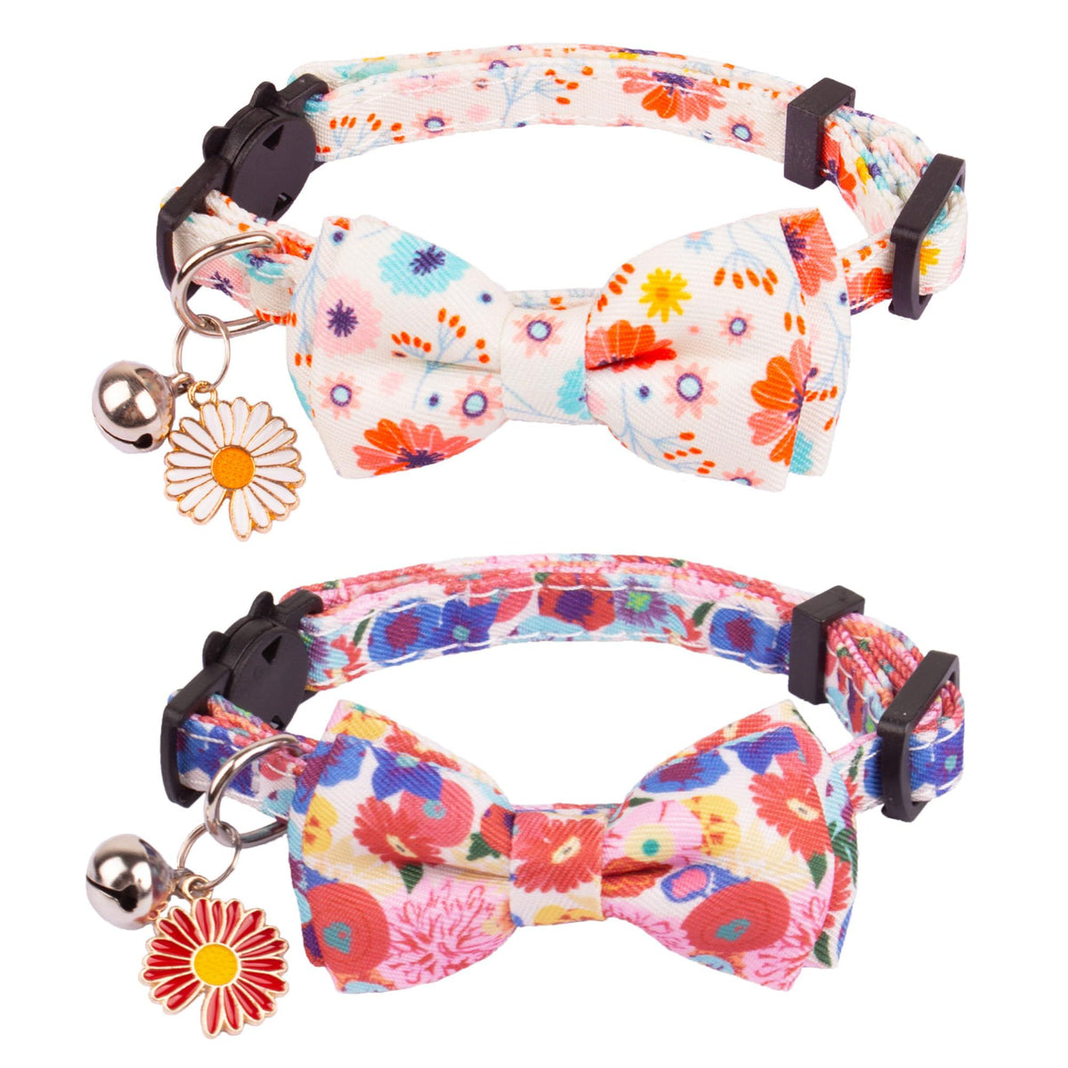 Floral Cat Collar Breakaway with Bow Tie Bell - 2 Pack Cute Flower Cat Collars with Removable Bowtie Floral Bowtie Collars(Floral)