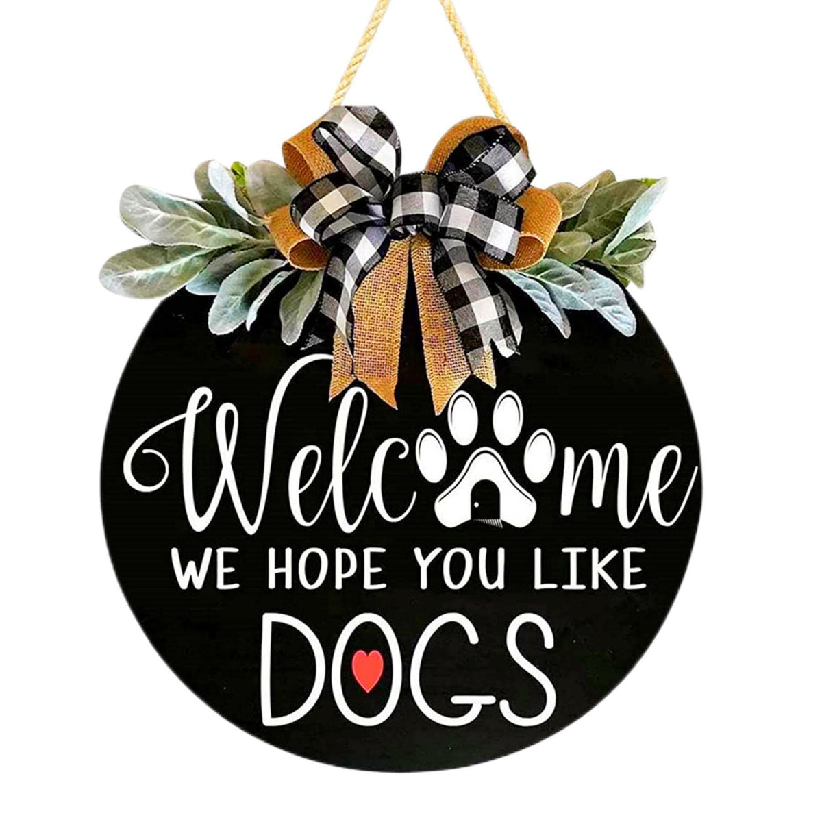 Welcome Wreath Sign for Farmhouse Front Porch Decor - We Hope You Like Dogs - Door Hanging with Premium Greenery - (12IN Dog)