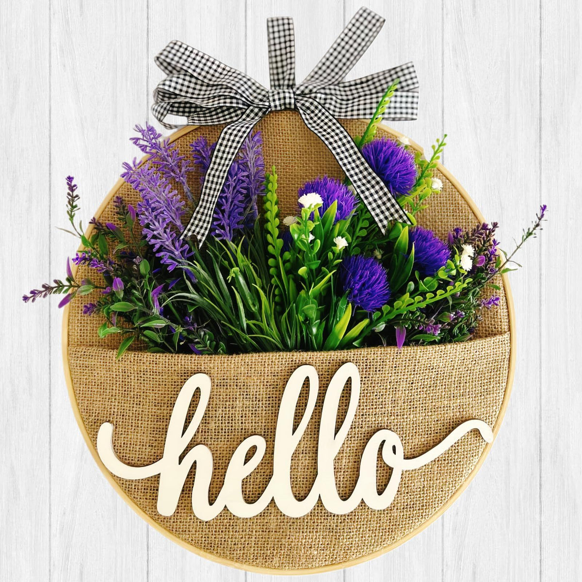 Artificial Flower Pocket Wreath with Hello Sign,12 Inch Spring Wreaths for Front Door Indoor Outdoor Wall Window (Purple Lavender)