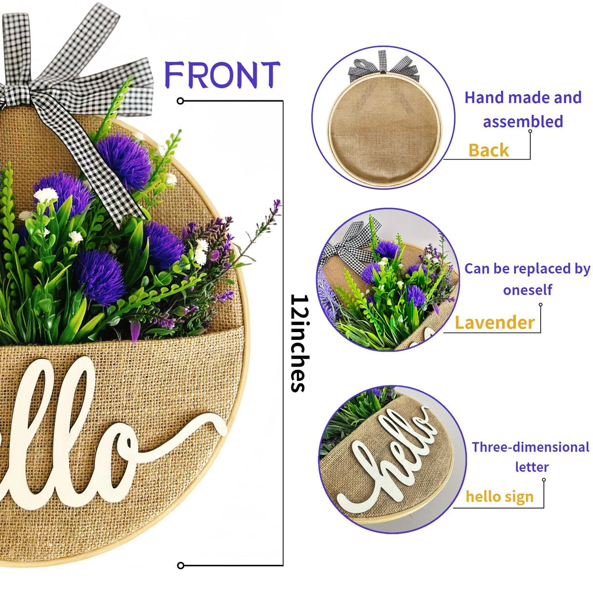 Artificial Flower Pocket Wreath with Hello Sign,12 Inch Spring Wreaths for Front Door Indoor Outdoor Wall Window (Purple Lavender)