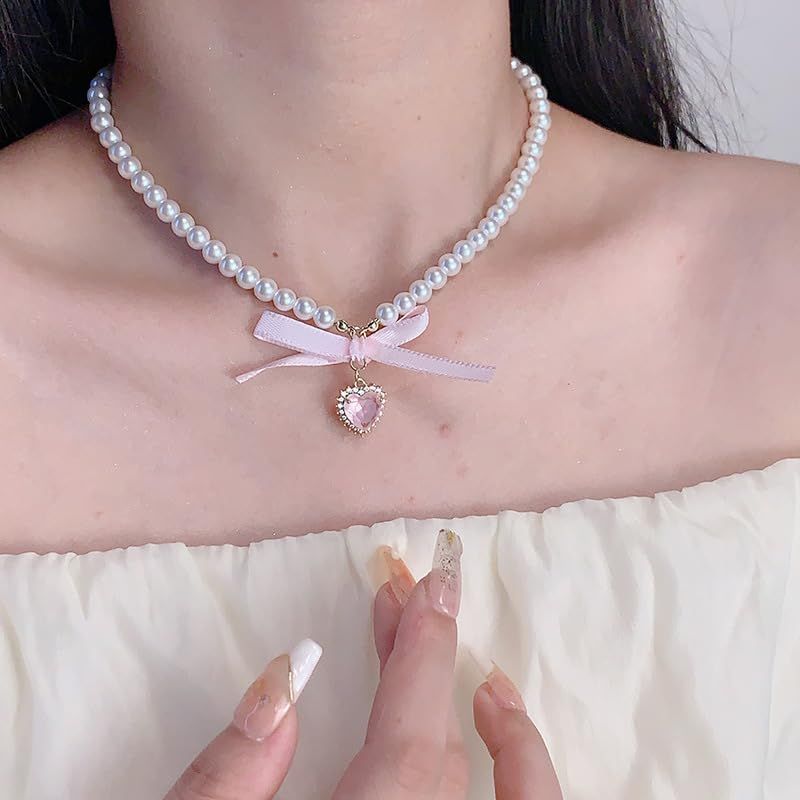 Round Imitation Pearl Choker Pink Ribbon Love Heart Pendant Collar Necklace Women Girls Party Prom Wedding Jewelry Necklac