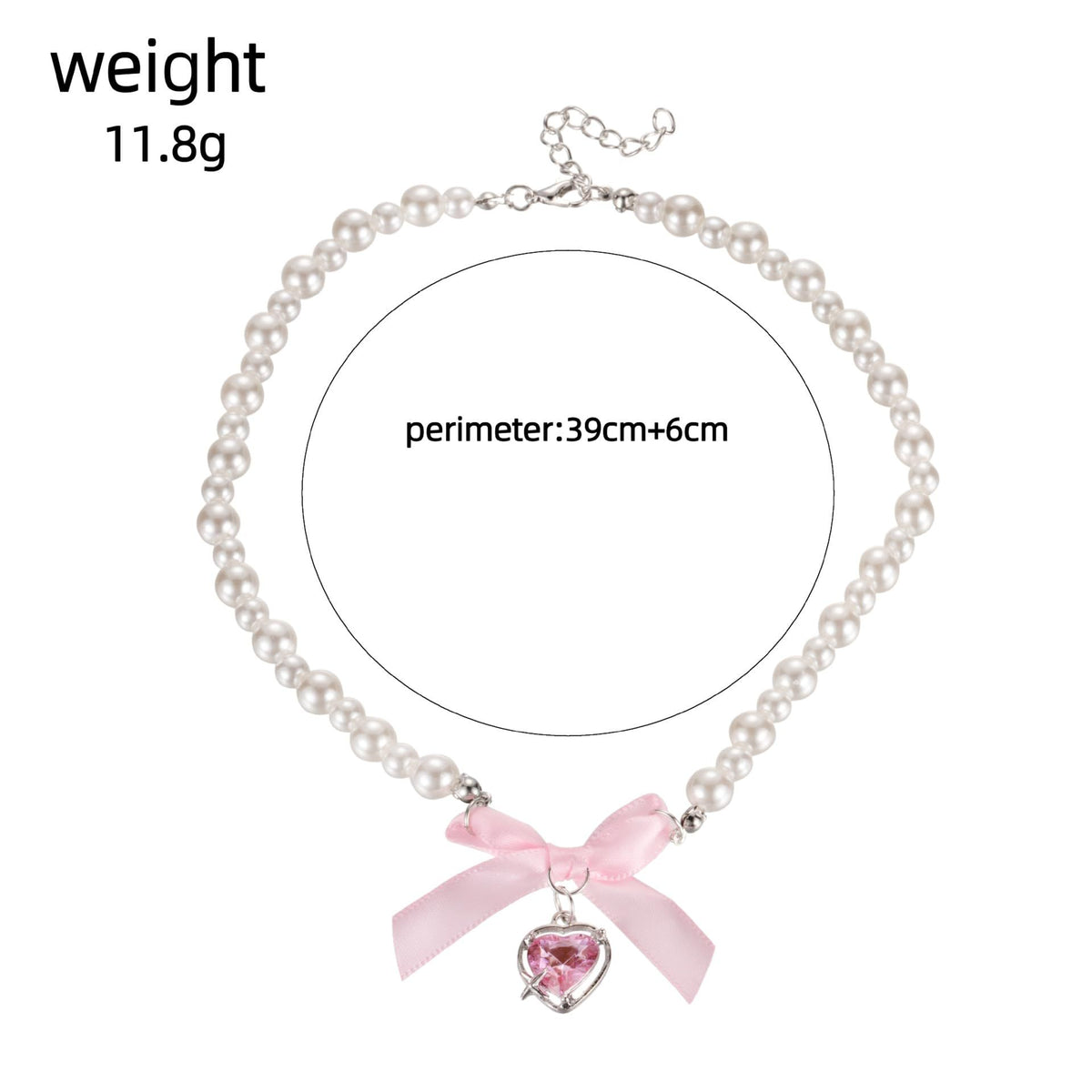 Round Imitation Pearl Choker Pink Ribbon Love Heart Pendant Collar Necklace Women Girls Party Prom Wedding Jewelry Necklac