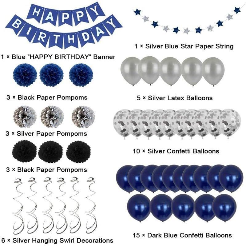 Navy blue-white Black Happy Birthday banner and lovely paper circular confetti wreath swirls balls for birthday party decorations