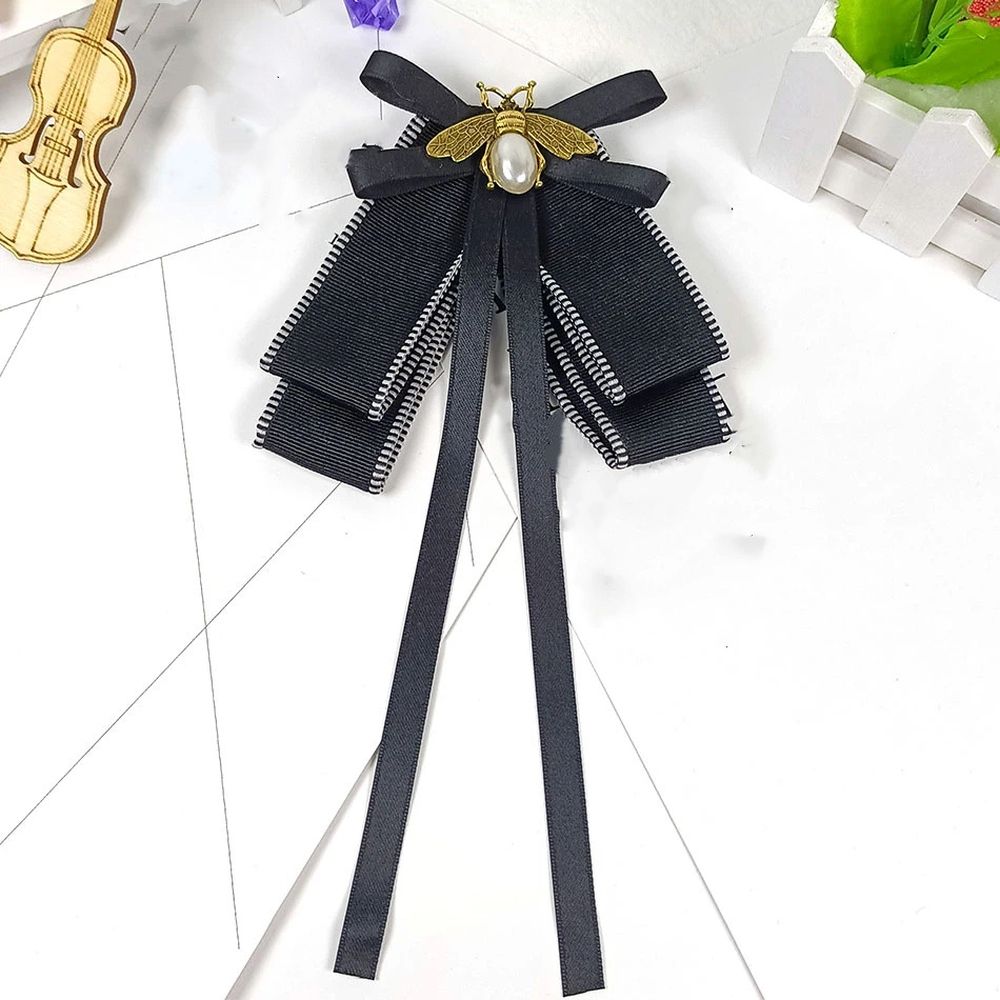 Retro Pearl Bee Bow Brooch Pre Tied Neck Tie Brooch Pin Clip Ribbon Bow Tie for Women Collar Jewelry 2pcs