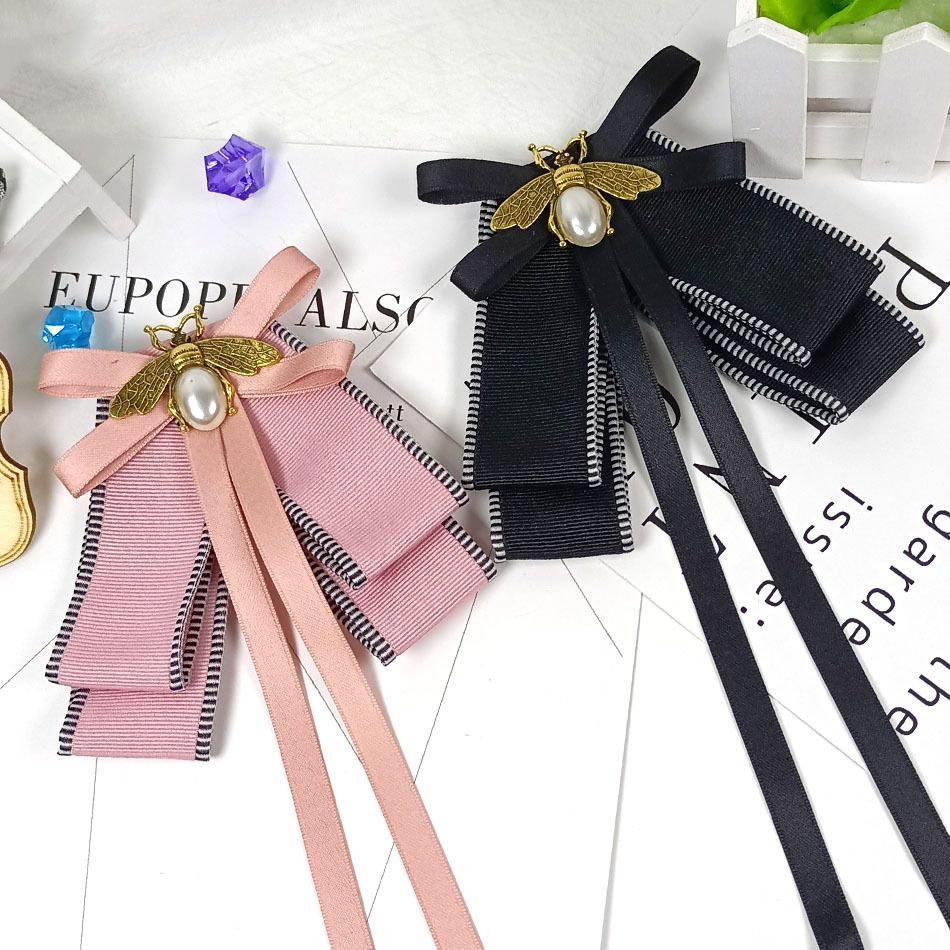 Retro Pearl Bee Bow Brooch Pre Tied Neck Tie Brooch Pin Clip Ribbon Bow Tie for Women Collar Jewelry 2pcs