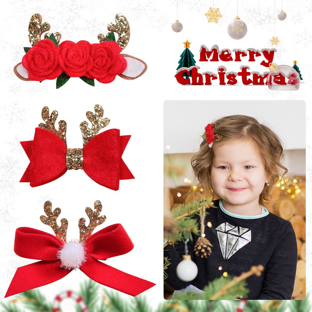 3 Pcs Christmas Hair Clips Glitter Antler Bow Hair Clips Christmas Bow Christmas Headwear for Girls