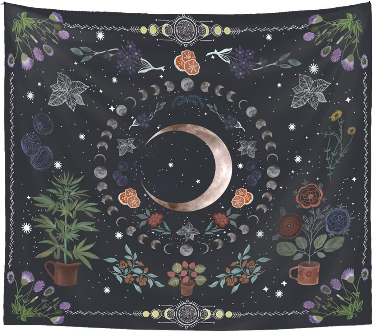 Plant Tapestry, Nature Moon Phase Tapestry Wall Hanging, Bohemian Mandala Tapestry Aesthetic Bedroom Decor