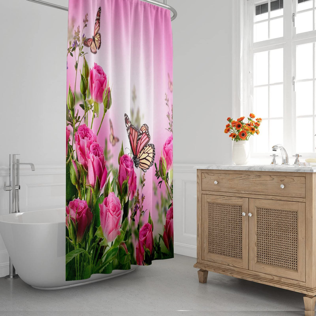 Butterfly Floral Shower Curtain 72 x 72 Inch, Pink Rose Blossom Shower Curtain Spring Romance Flower Bouquet Shower Curtain