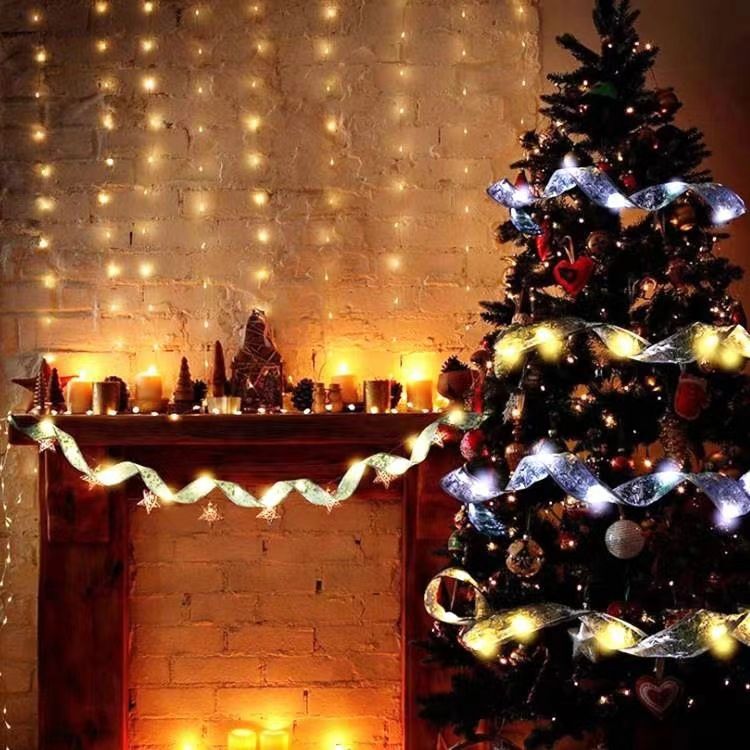 Easter Lights String Decorations Gold String Lights 26ft (2x13ft) 80 LED Lights with Wire Ribbon Bows Lights (gold and silver)
