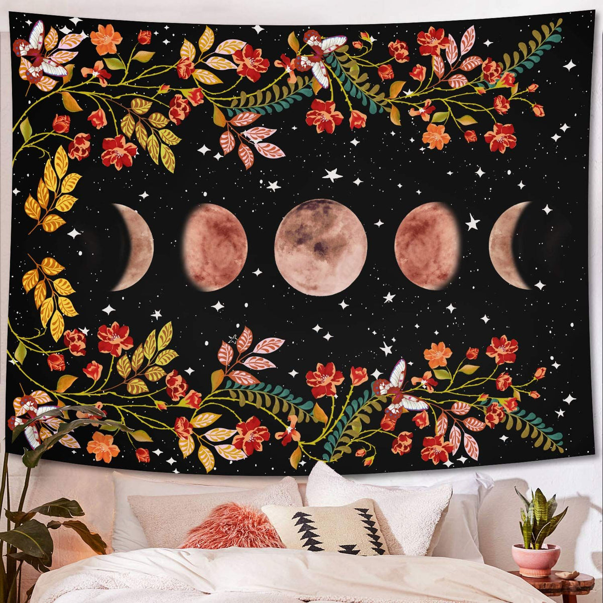 Moonlit Garden Tapestry, Moon Phase Surrounded by Vines and Flowers Black Wall Decor Tapestry 39*59 in