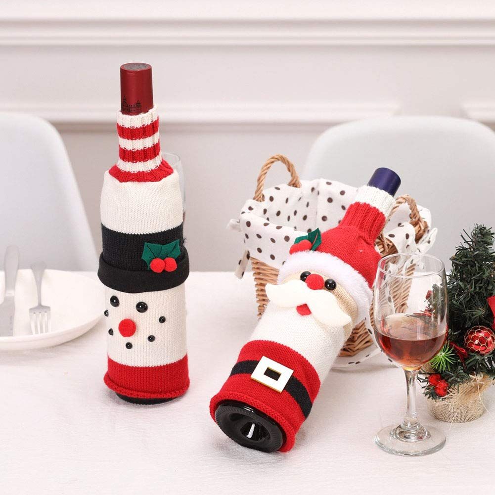 Christmas Wine Bottle Cover,Santa Claus Wine Bottle Toppers Handmade Wine Bottle Sweater Christmas Wine Bottle Decoration(2pcs)