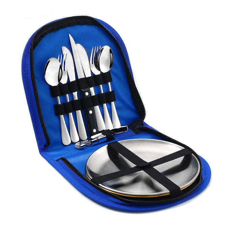 Camping Silverware Set for 2, Reusable Travel Cutlery Set with Case Include Knife Fork Spoon Dish and Beer Cap Opener