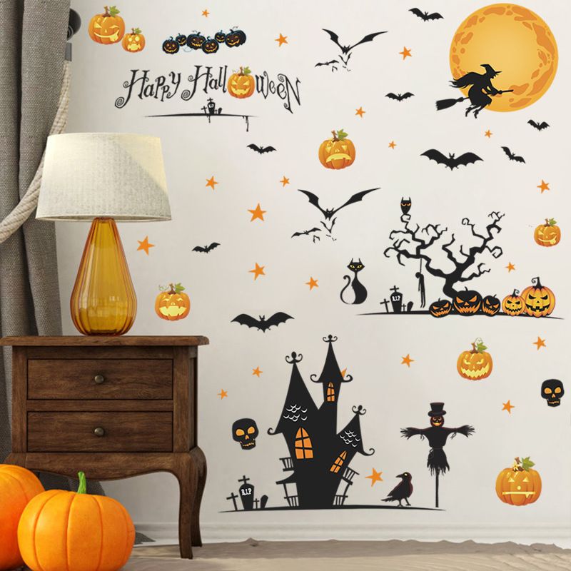 Happy Halloween Removable Wall Stickers Window Art Decoration Vinyl Witch Bats Pumpkin Decals for Home Decor Indoor Outdoor
