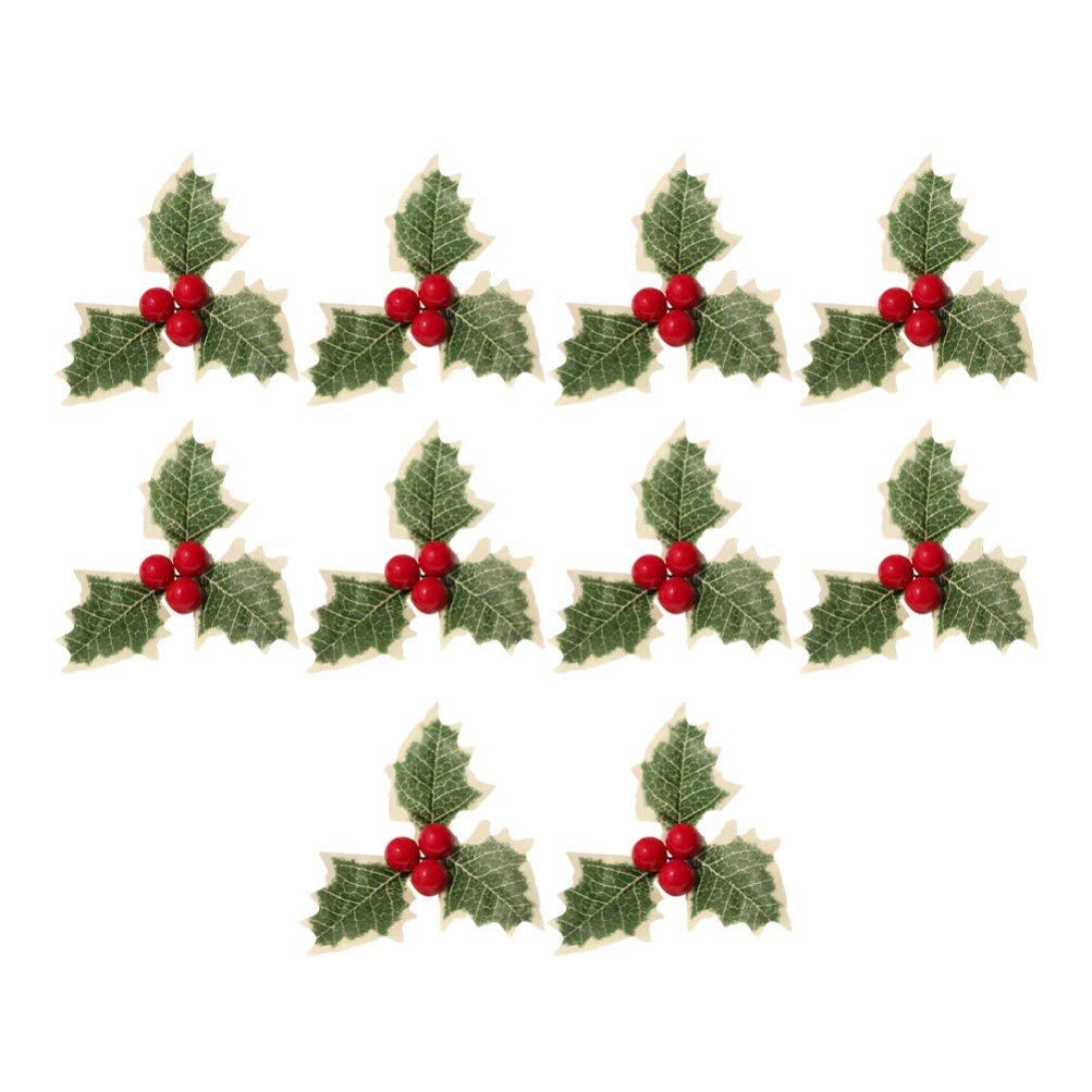 10pcs Artificial Holly Berry Flower with Leaves Christmas Holly Leaf for Wreath Flower Arrangement Home Decor (Red Berry)