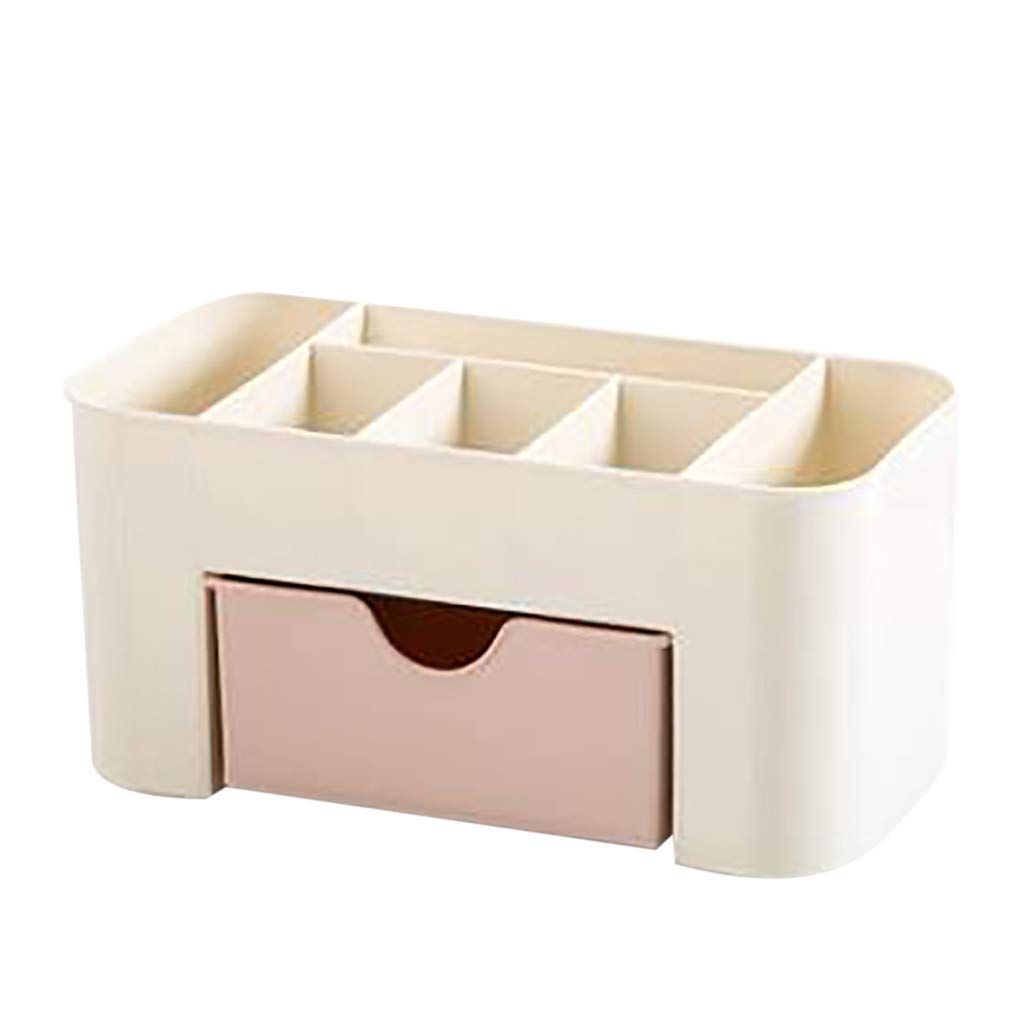 Plastic Cosmetic Organizer Makeup Countertop Display Case Desktop Cosmetic Box with Small Drawer Multifunctional Desk Make (Pink)