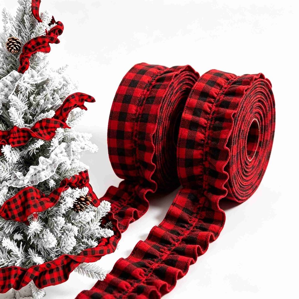 Plaid Christmas Garland, Buffalo Rustic Craft Ribbon Ruffled for Home Wreath Staircase Tree Decor(Red and Black, 2.45in x 26.9ft)
