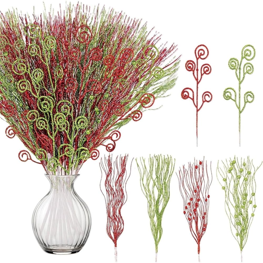 32 Pcs Red Green Christmas Tree Picks Decorations 17'/12' Christmas Tree Topper Artificial Glitter Berry Branches Filler Ornaments Decorative Sticks for Xmas Wreath Craft Vase Filler
