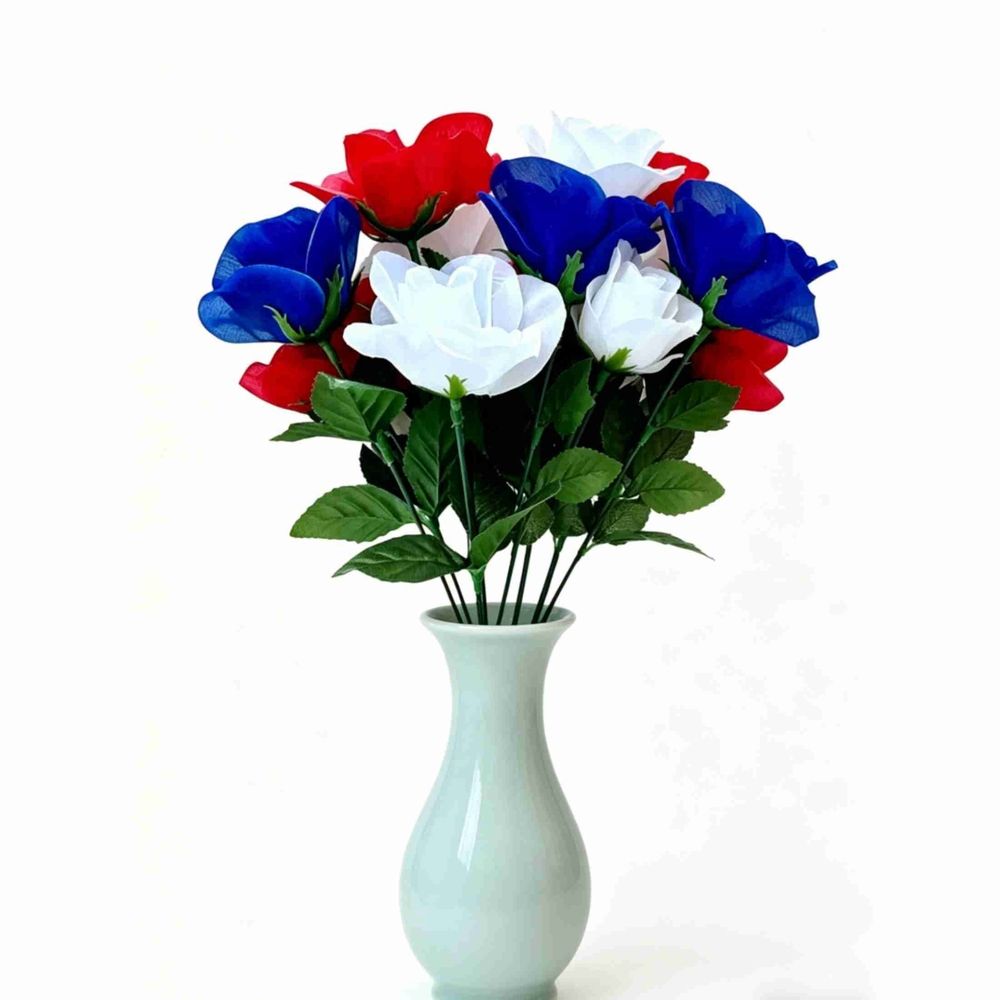 5Pcs Memorial Day Artificial Flowers, 12 Red Blue White Cemetery Flower with Flags, Patriotic Bouquet Decorations for Veterans Day 4th of July Independence Day Grave Home Decor
