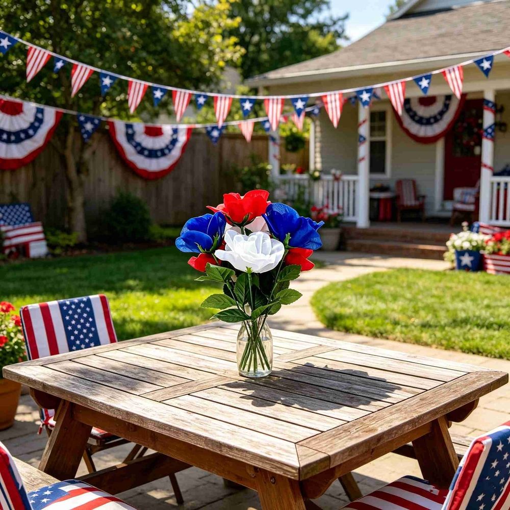 5Pcs Memorial Day Artificial Flowers, 12 Red Blue White Cemetery Flower with Flags, Patriotic Bouquet Decorations for Veterans Day 4th of July Independence Day Grave Home Decor