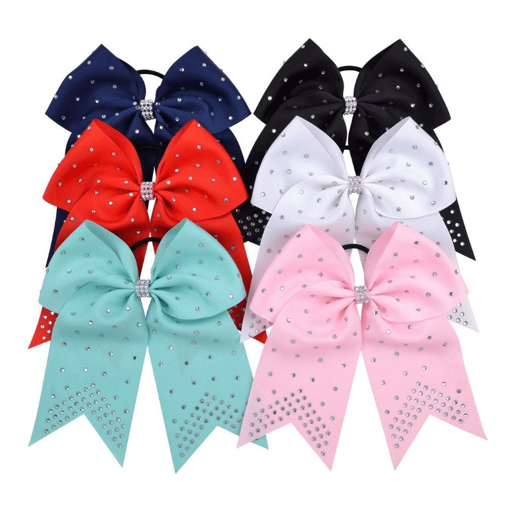 7“ Jumbo Cheerleader Bows with Rhinestones Ponytail Holder Cheerleading Bows Hair Tie 6 Pcs College