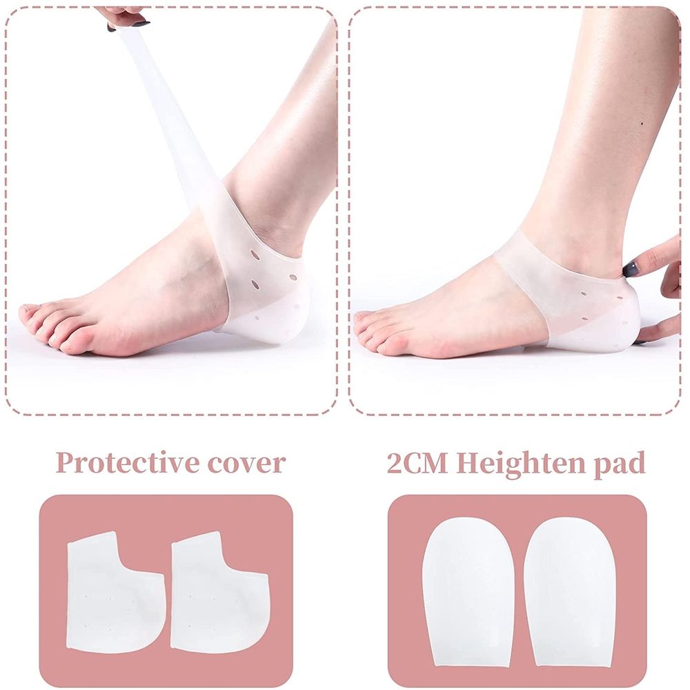 Invisible Height Increase Heels Cushion Insole,1 Pair 4CM Heel Height Protectors,Non-Slip Heightening Socks,Heal Dry Cracked Heels Arch Support,White Gel Foot Reinforcer for Men and Women