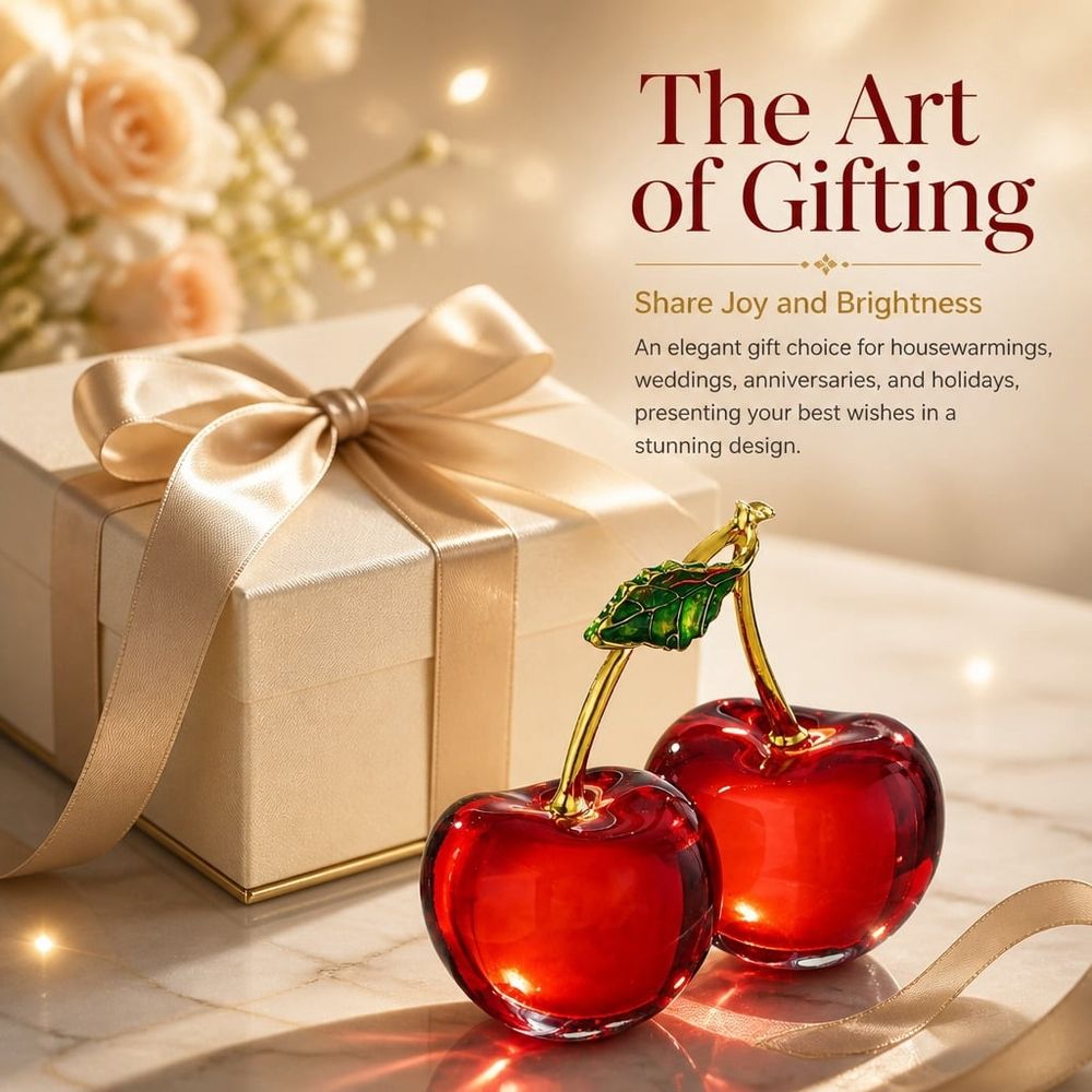 Glass Cherry Figurines,Decorative Cherries,Glass Fruit Status,1pack Art Home Decor Ornament for Kitchen,Living Room,Home,3.3x3.1In