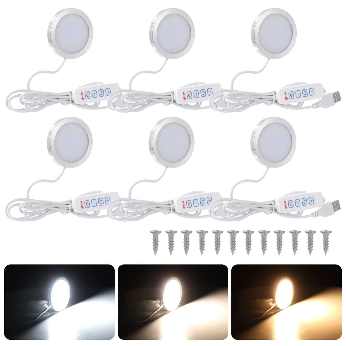 6 PCS LED Lamp Kit, USB Powered LED Light with Inline Switch, 3 Color Modes, 10 Brightness Levels, Aluminum Shell, PC Diffuser, DIY Lighting Set for Custom Lamp Projects, 3D Printed Shades, Crafts