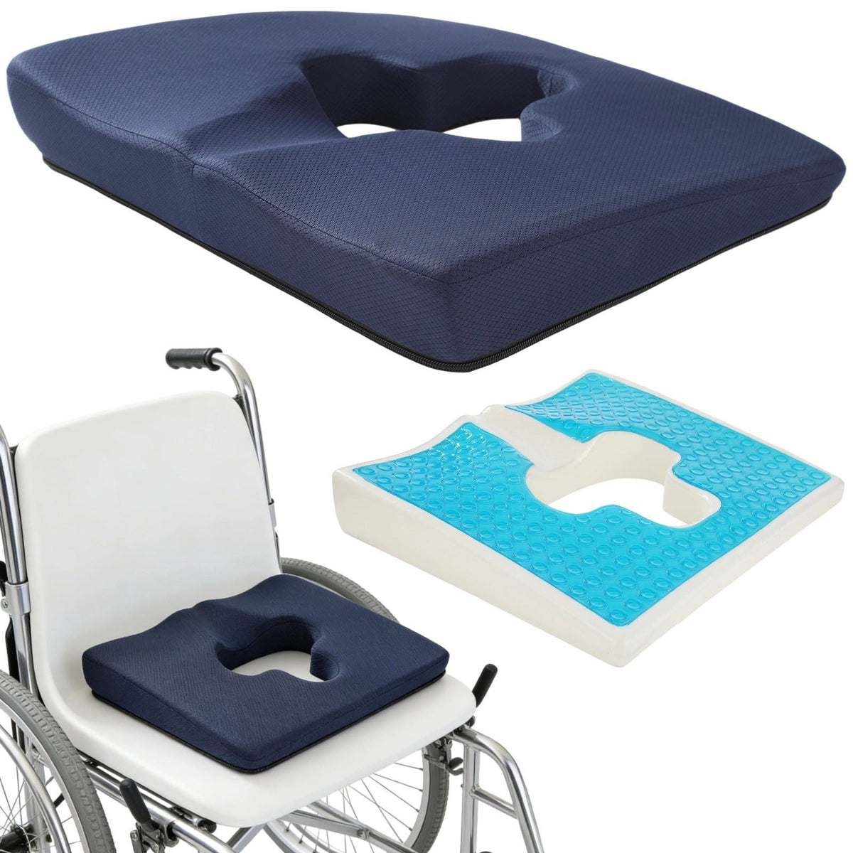 Gel Wheelchair Seat Cushion with Memory Foam, Cooling Support Cushion for Sitting or Lying, Coccyx Cutout Pillow for Wheelchair Office Chair Bed Car Seat with Washable Zipper Cover