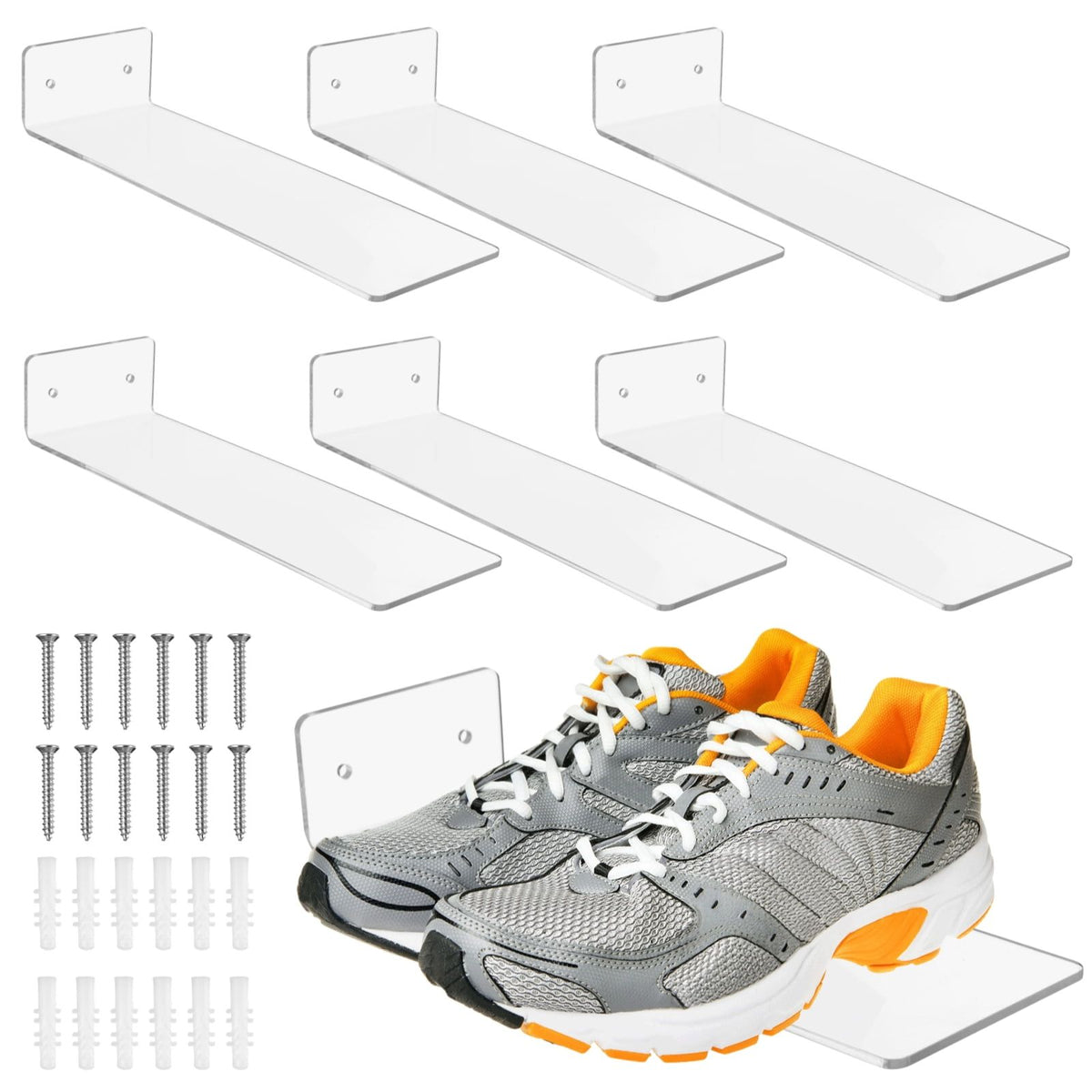 6PCS Floating Shoe Shelves, Clear Shoe Display Shelves for Wall, Acrylic Wall Mount Sneaker Display Racks, Transparent Organizer Holders for Sneaker Collection