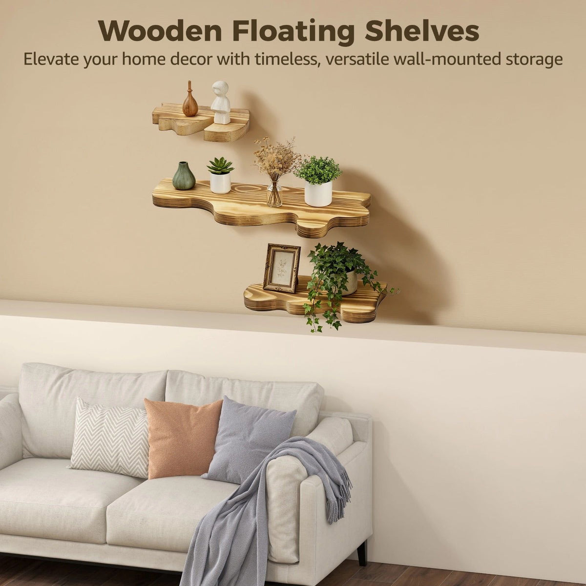 Wooden Floating Shelves, Rustic Wave Edge Wall Display Shelf Set of 3, Carbonized Pine Finish, Space-Saving Wall Mounted Storage Rack for Bathroom, Bedroom, Living Room, 3 Assorted Sizes