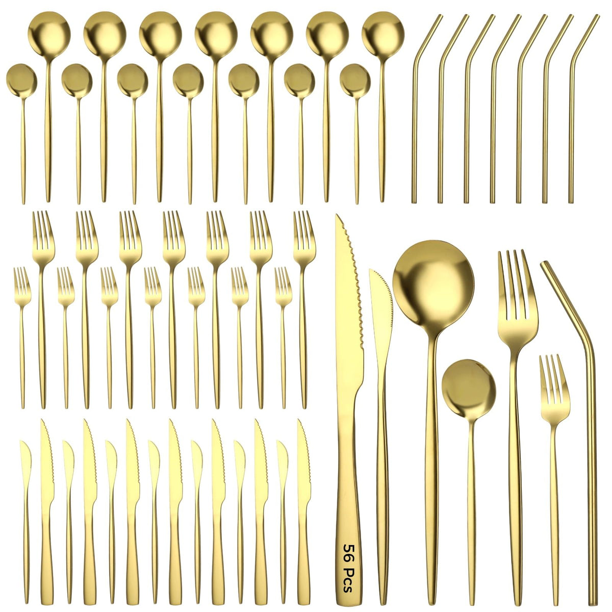 56PCS Stainless Steel Flatware Set, Golden Utensils with Steak Knives, Forks, Spoons & Straws, Luxury Mirror Polished Silverware, Ergonomic Dinnerware for Home Kitchen Restaurant