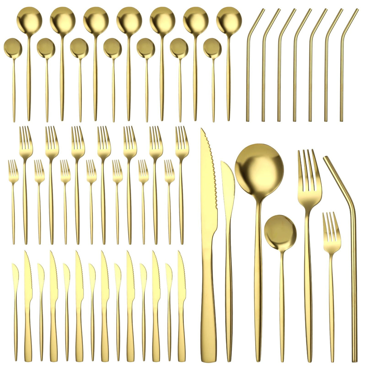 56PCS Stainless Steel Flatware Set, Golden Utensils with Steak Knives, Forks, Spoons & Straws, Luxury Mirror Polished Silverware, Ergonomic Dinnerware for Home Kitchen Restaurant