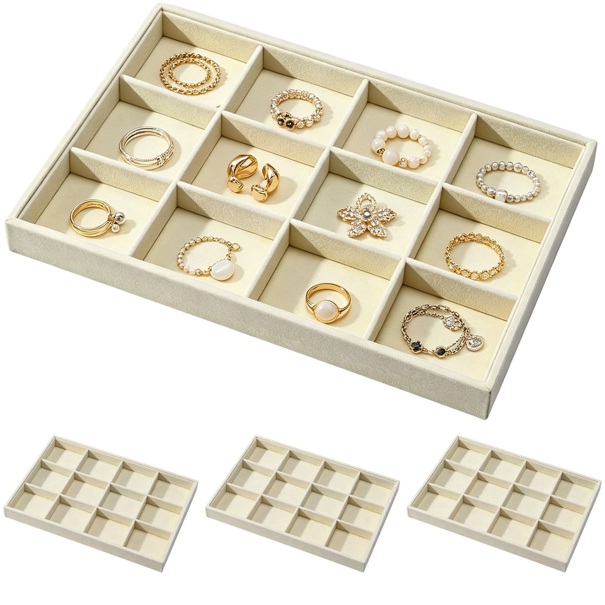 4PCS Velvet Jewelry Tray Organizer, Stackable Display Storage with 12 Compartments, Gentle Wood Frame & Soft Lining, 13.8" x 9.4" x 1.2" for Earrings Watches Bracelets Rings