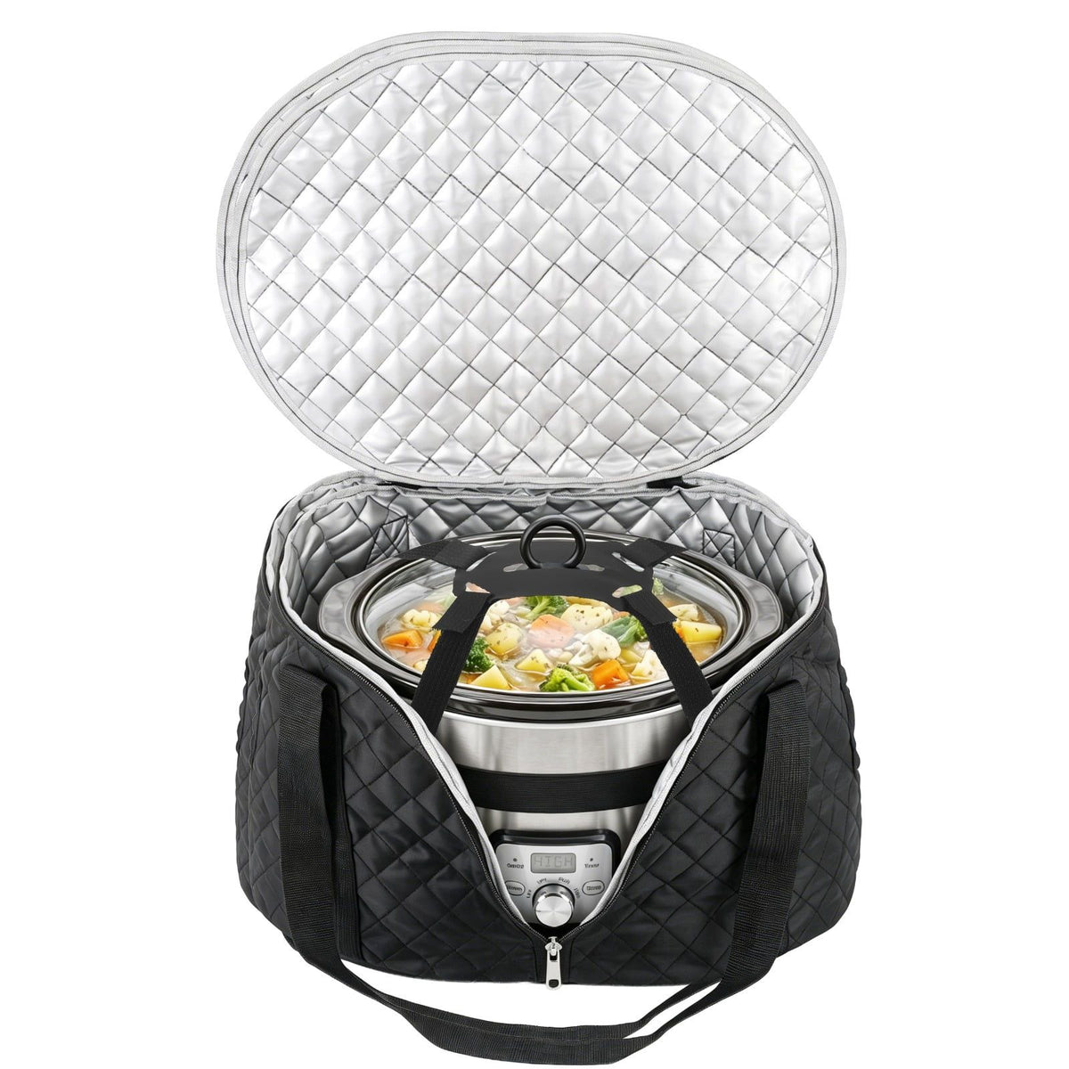 Slow Cooker Carrying Case, Quilted Insulated Slow Cooker Travel Tote, Black Portable Cookware Bag, Compatible with 6-8 Quart Crockpot Carriers, Ideal for Parties, Picnics, Camping