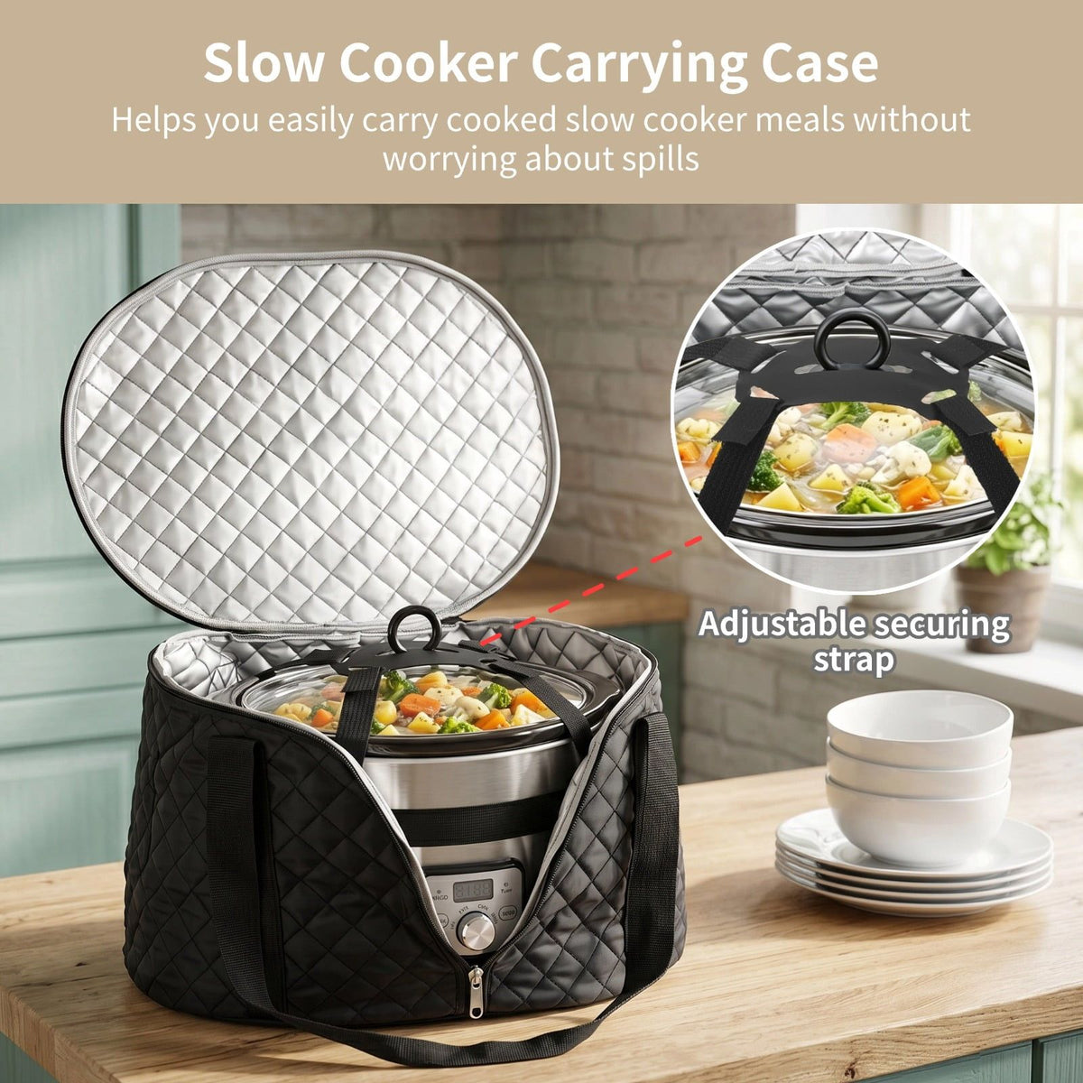 Slow Cooker Carrying Case, Quilted Insulated Slow Cooker Travel Tote, Black Portable Cookware Bag, Compatible with 6-8 Quart Crockpot Carriers, Ideal for Parties, Picnics, Camping