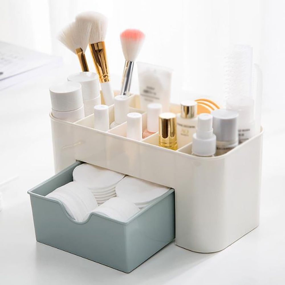 Makeup Organizer Cosmetic Display Cases with Small Drawer, Desktop Skincare Box for Bathroom Countertop, Bedroom Vanity Desk, Blue