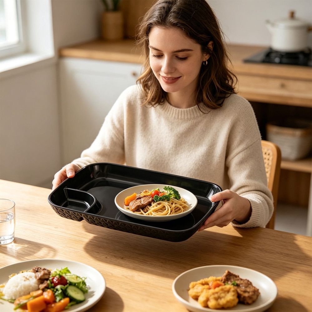 Divided Dinner Plates, Compartmentalized Plastic Meal Tray, Microwave Dishwasher Safe Kids Tray 9.84x7.28in for Home School Lunch, Black