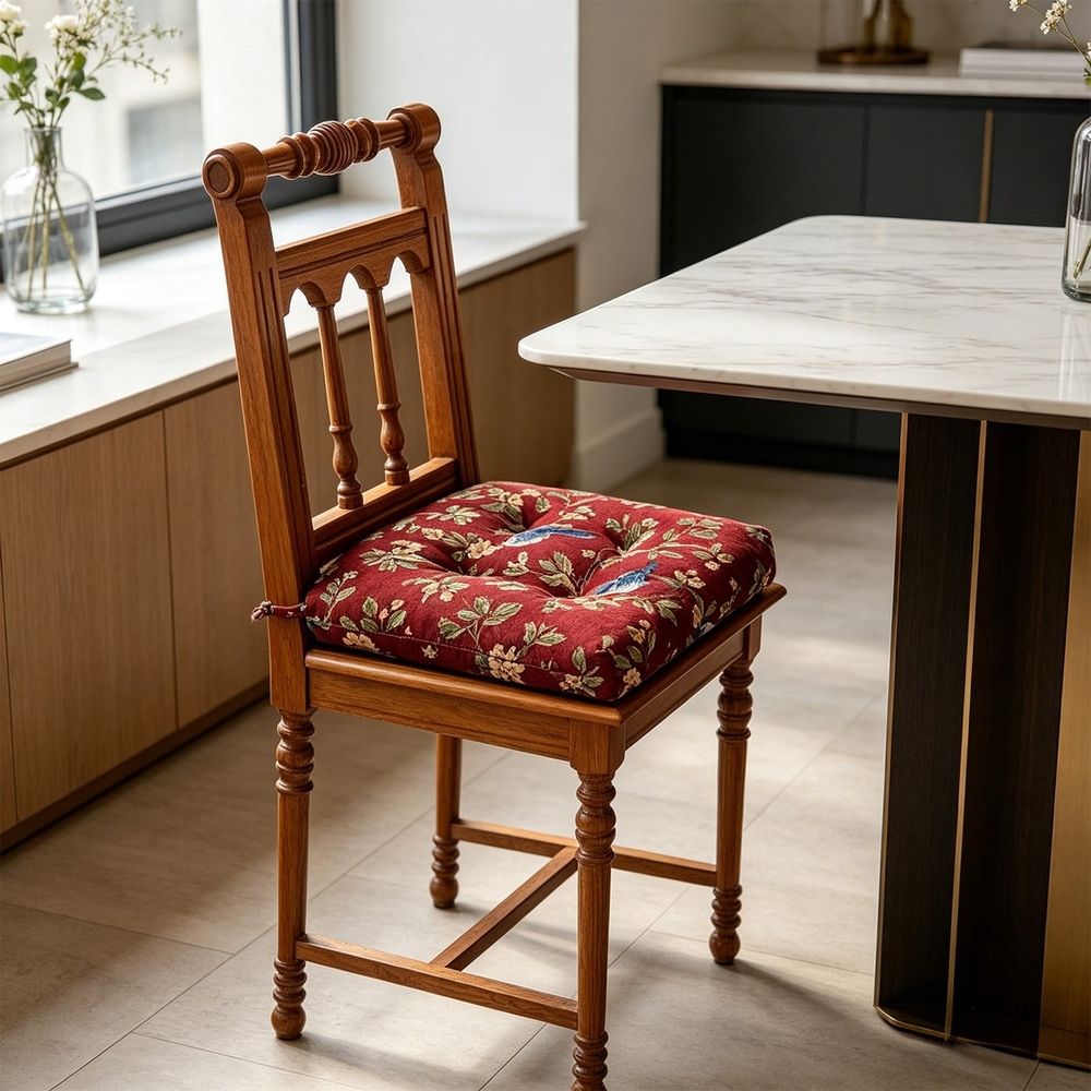15.75x15.75in Chair Cushions for Dining Chairs, Vintage Floral Bird Tufted Seat Pad with Ties, Non-Slip Polyester Cushion for Kitchen Patio Office