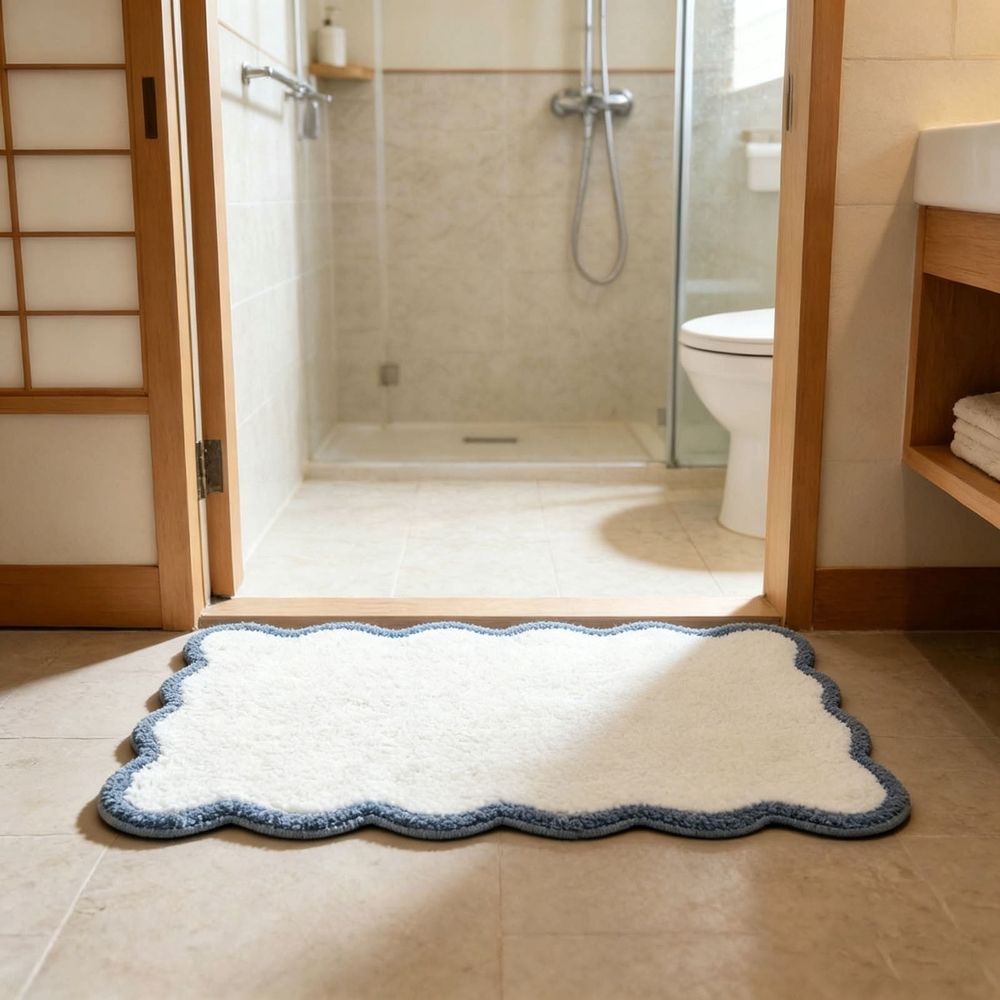 Wave Shaped Edges Floor Mat Tufted Bathroom Rug Soft Absorbent Non Slip for Entry Door Bedroom Guest Bath Living Room Office Washable Floor Mat 16 x 24 In Home Use Entry Hall Sofa