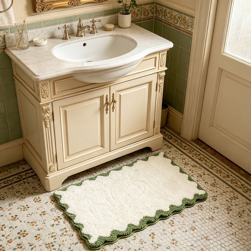 Scalloped Edge Bath Mat 15.74x23.62in, Polyester Absorbent Non-Slip Rug, Soft Plush Foot Mat for Bathroom Entryway, Green