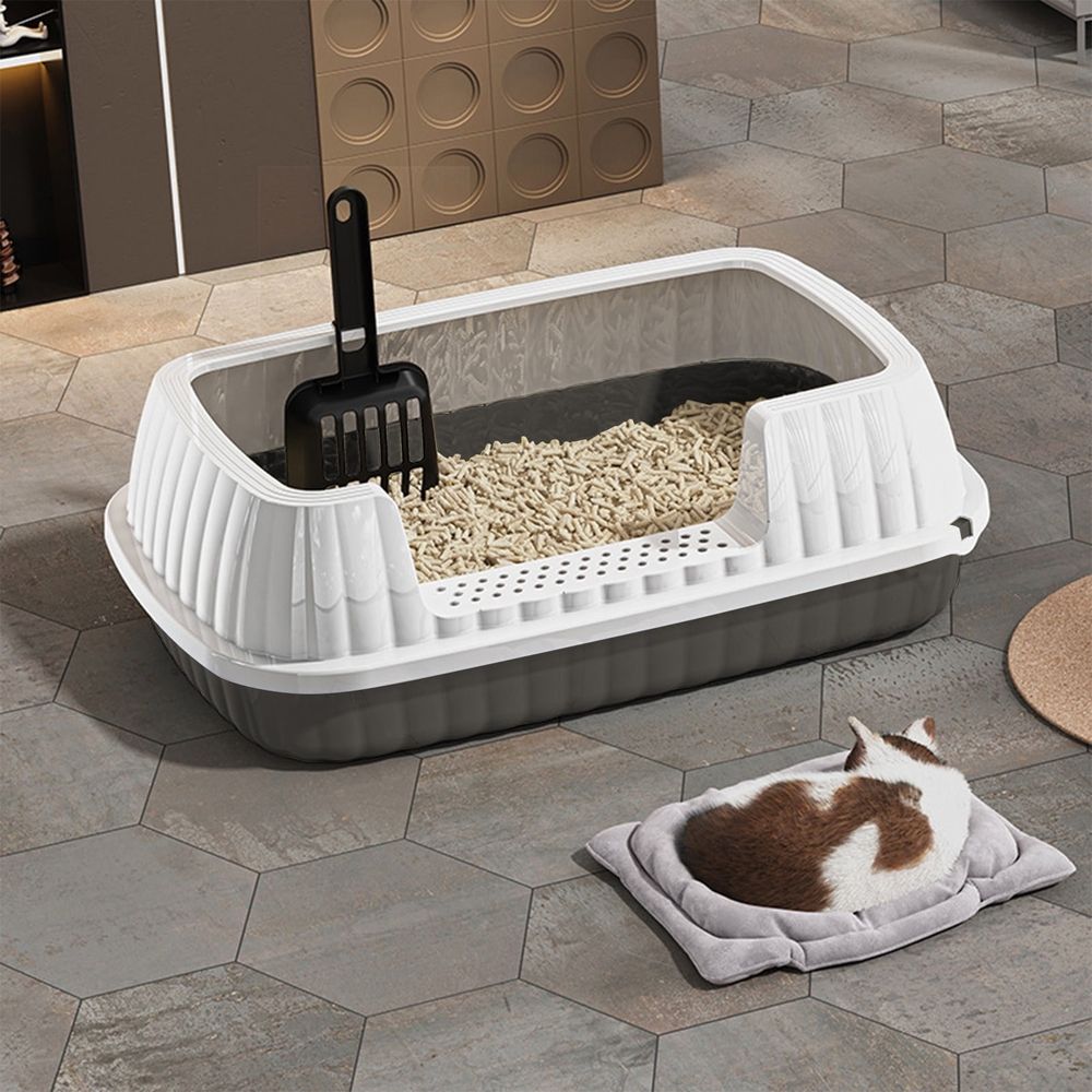 Semi Enclosed Cat Litter Box, Splash Proof High Side Toilet Basin, Sturdy Plastic Pet Pot with Shovel, Leak-proof Cleaning Tool for Kitten Daily Use, Dark Gray