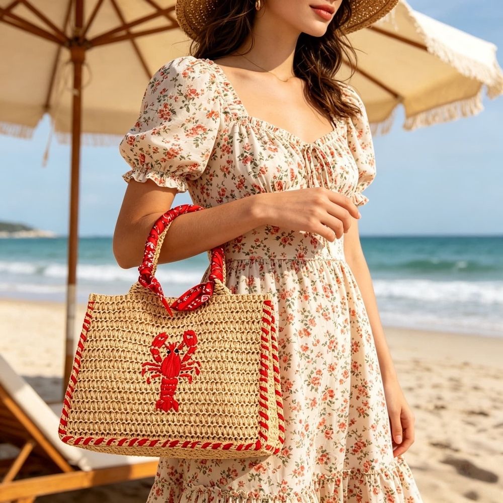 Natural Woven Straw Beach Bag, Lobster Embroidery Raffia Tote with Detachable Strap, Bohemian Mini Handbag for Vacation Resort Bag Supplies