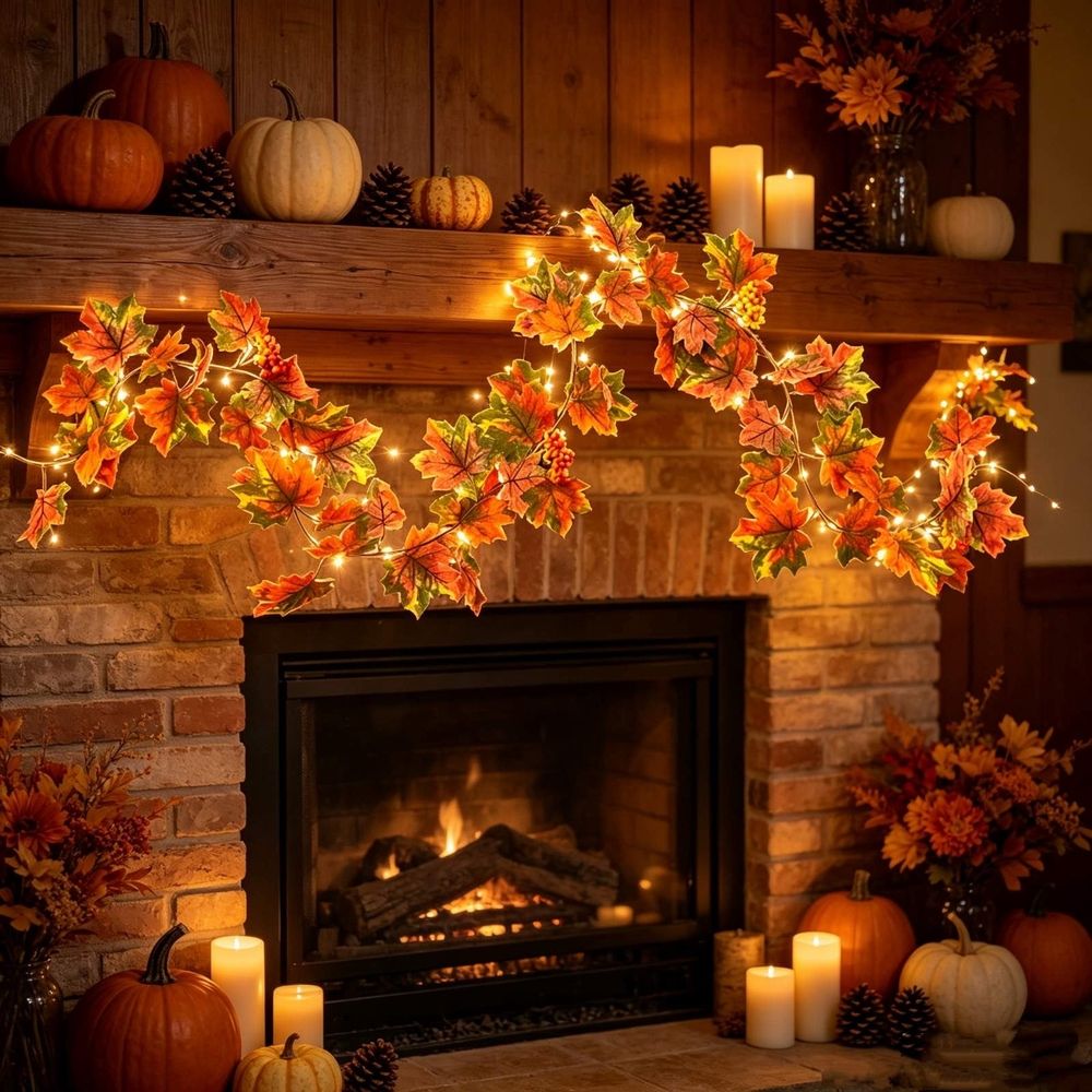 Artificial Maple Leaf Berry Garland for Thanksgiving Fall Decor, 78.74 Inch Autumn Vine with Faux Maple Leaves and Berries for Front Door Mantel Fireplace Indoor Outdoor Decoration B
