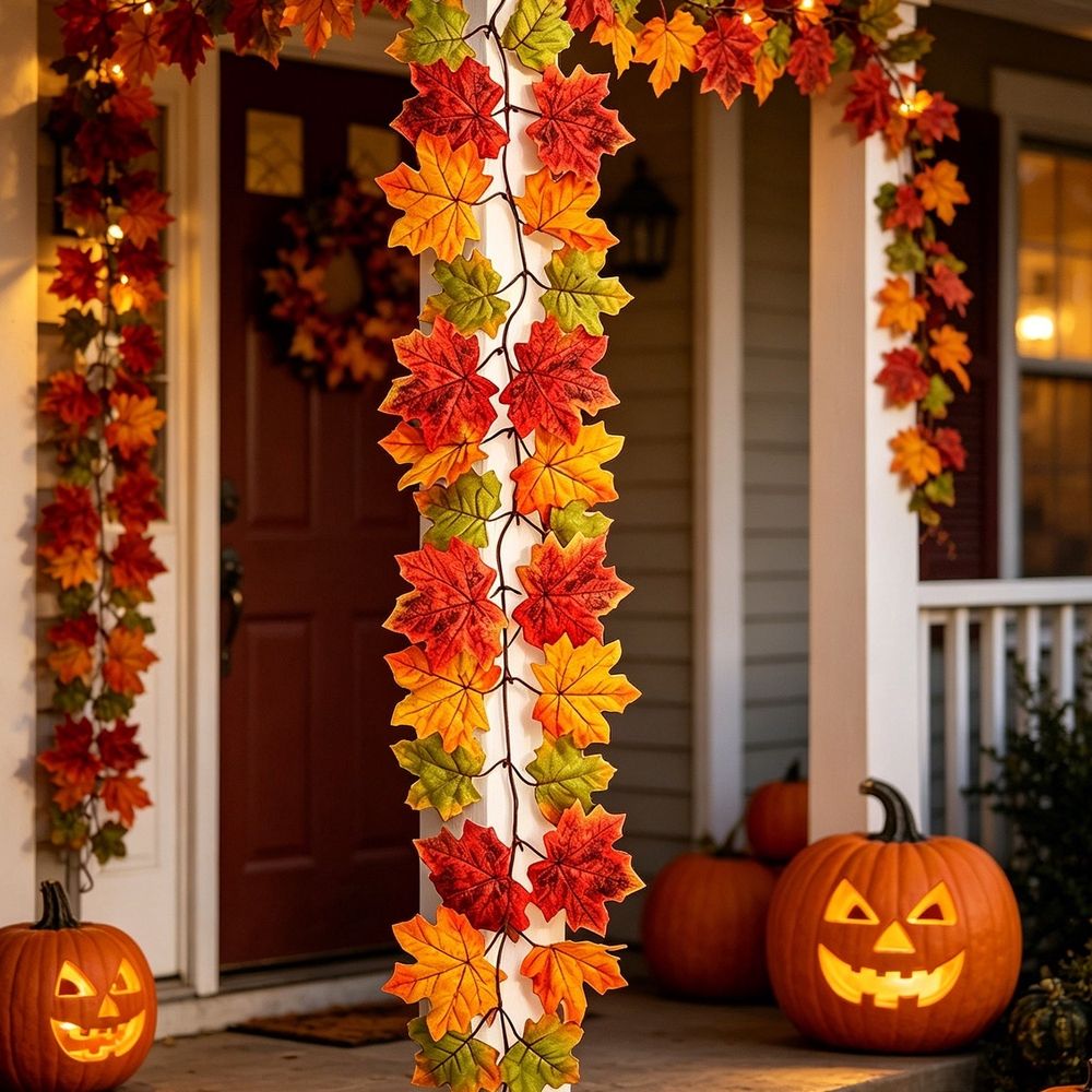Artificial Fall Maple Leaf Garland Autumn Hanging Vine Harvest Festival Decoration for Front Door Fireplace Mantel Thanksgiving Halloween Home Decor 39.37 inch F