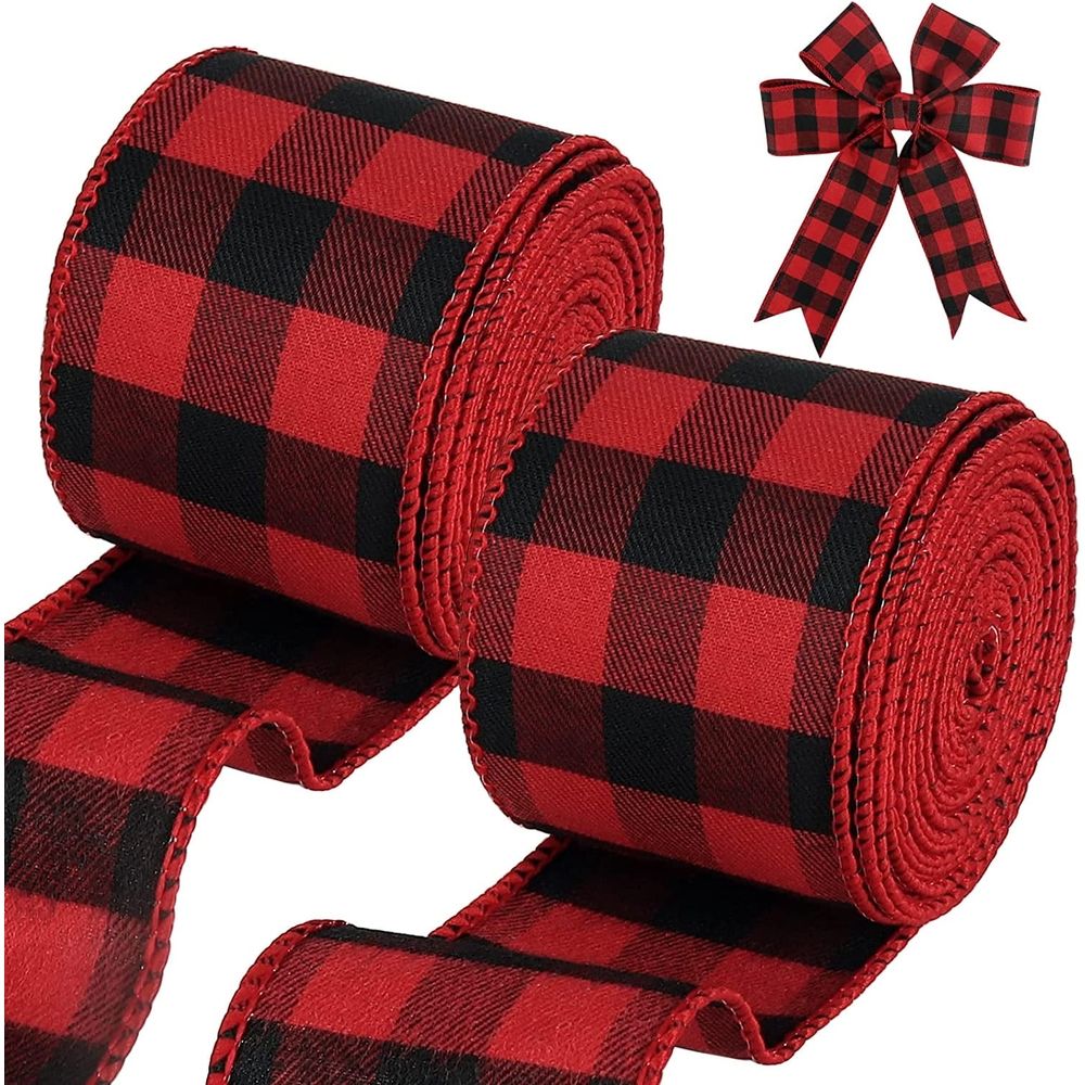 Buffalo Plaid Ribbons Wired Edges, 2 Rolls Black and White Checkered Ribbon for Christmas Tree Gift Decorations