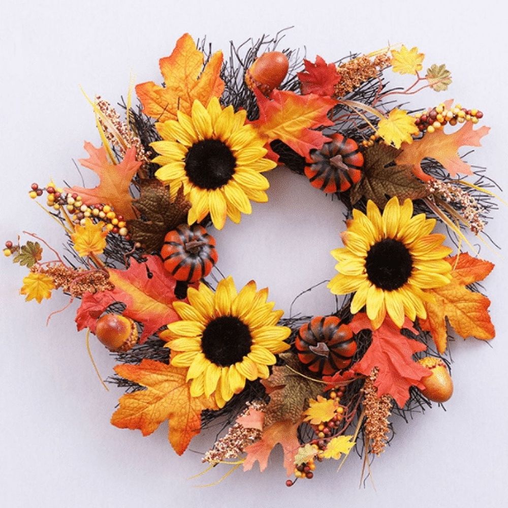 Fall Wreath 20' Autumn Front Door Wreath Harvest Wreath with Small Pumpkin Berry Round Leaves Fall Decorations for Outside Indoor Wall Window Festival Thanksgiving Fall Autumn Decor(Yellow)