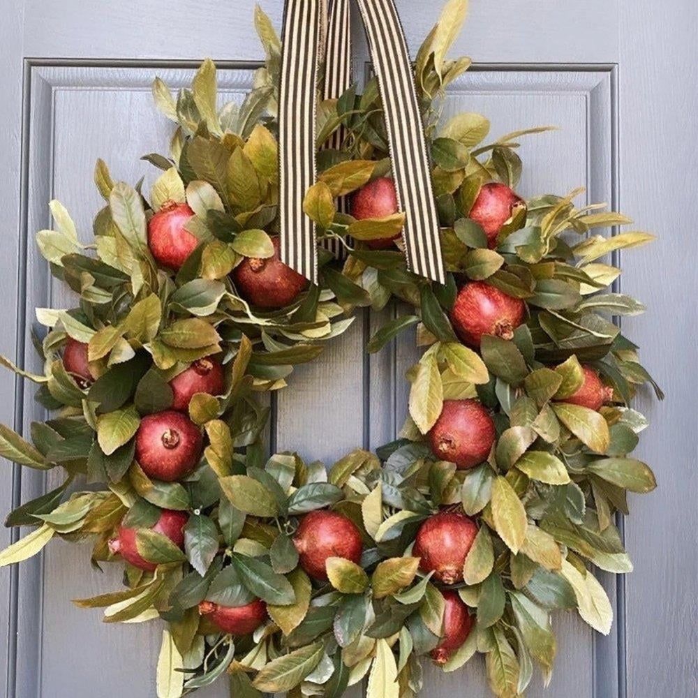 Front Door Round Wooden Fall Wreath with Brown Magnolia Leaves and Small Pomegranate Fruits leaves for Farmhouse porch wall Holiday Home Decoration,18in