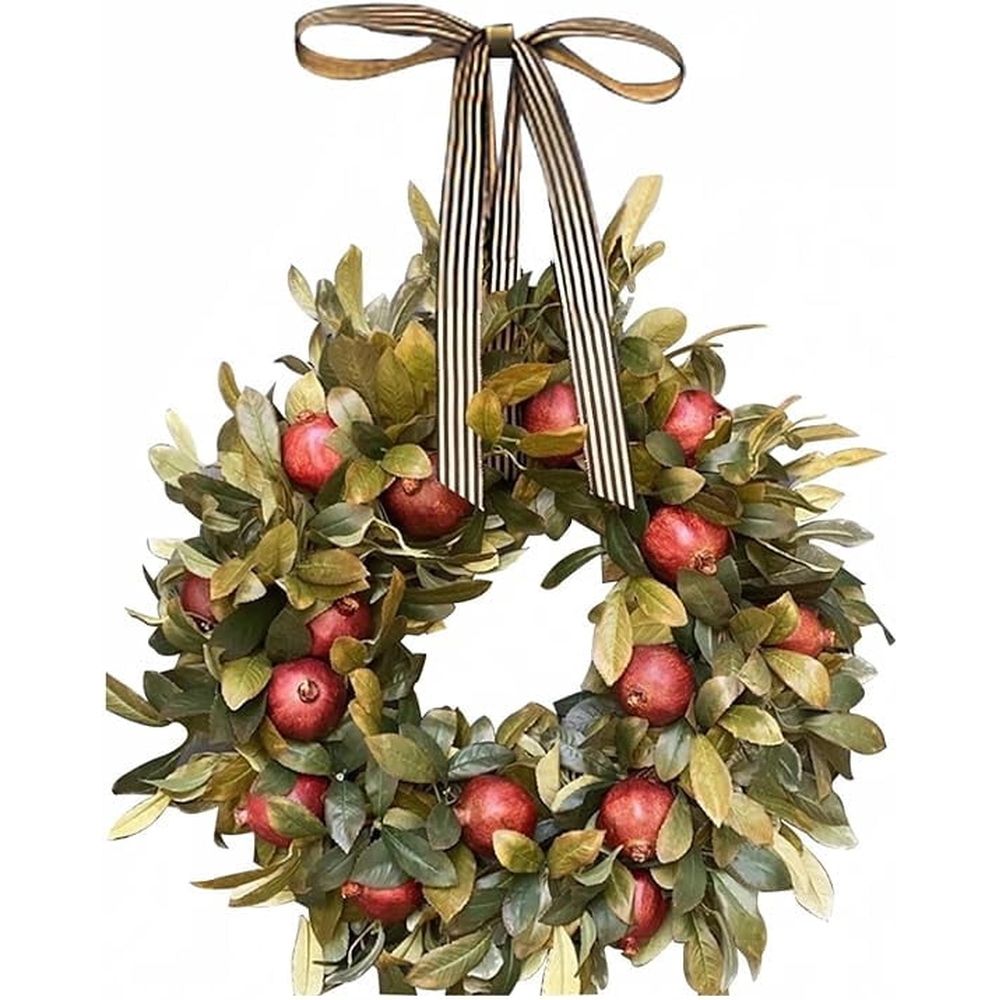 Front Door Round Wooden Fall Wreath with Brown Magnolia Leaves and Small Pomegranate Fruits leaves for Farmhouse porch wall Holiday Home Decoration,18in