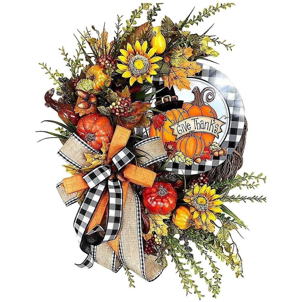 Autumn Sunflower Wreath for Front Door Fall Farmhouse Buffalo Lattice Pumpkin and Wreaths Home Door, Halloween, Thanksgiving Decoration, Multicolor, 13.8inch