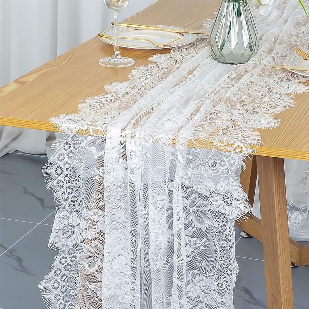 Lace Table Runner 30 x 120 Inch Ivory White Classy Table Runner for Rustic Wedding Table Decorations Baby & Bridal Shower Decor Vintage Rose Embroidered Boho Party Table Runner